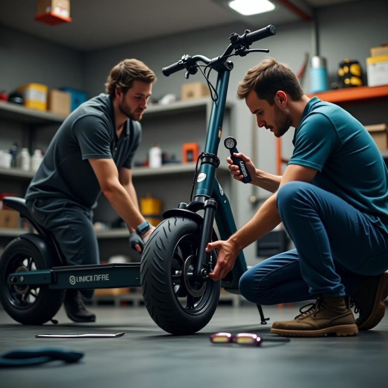 Two men are doing maintenance on electric scooters 