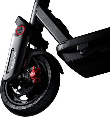 Close-up on the front wheel of a Segway Ninebot MAX G3