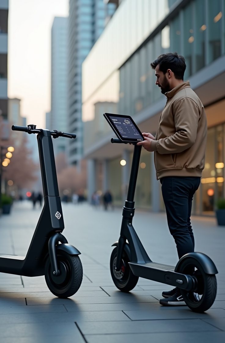 A man is analysing the data of an electric scooter 