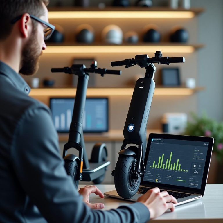 Man on the Computer seeing Graphics with two small electric scooters 