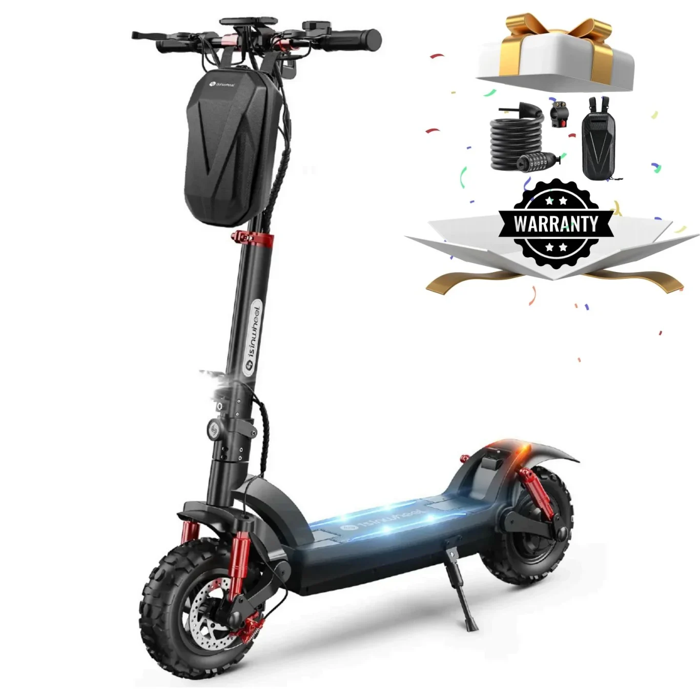 Isinwheel GT2 off-road electric scooter with a 1000 W motor, UL-certified 48 V 15 Ah battery, 11-inch pneumatic tires, dual suspension, disc