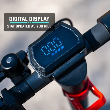 Close-up of the Gotrax G4’s right handlebar controls, showing the brake lever, thumb-operated throttle, and small LED battery-level indicato